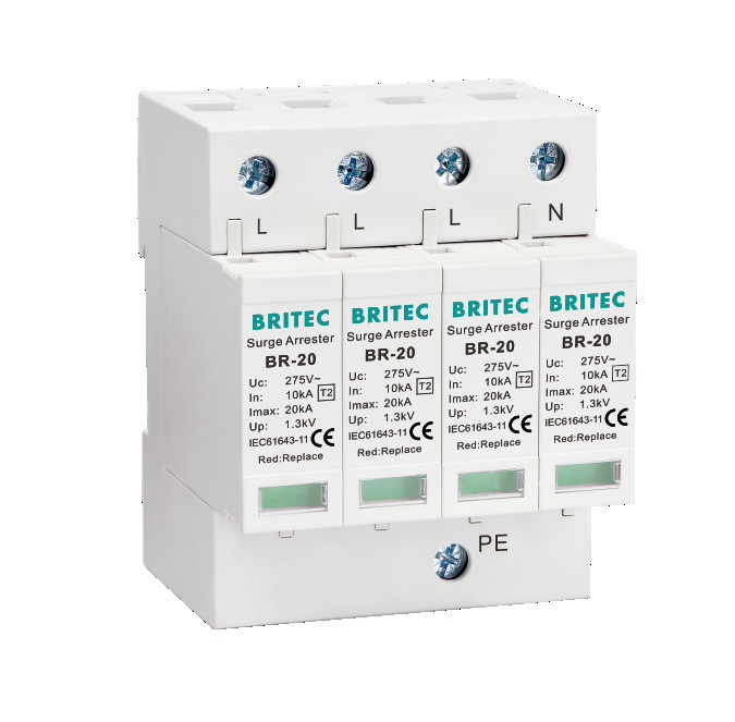 BR-20 4P 등급 2 서지 보안 장치 피뢰기 단계 천둥 보호기 1.3kV 3명