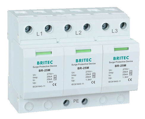 BR-25M 3P+1NPE 25kA T1+T2 바리스터 급류 차단기 B+C 저전압 3단계 AC Spd 번개 보호기