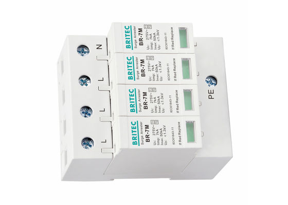 AC 전력 Iimp 7KA 4P T1 + T2 / 클래스 B + C 3 단계 산업 전력 급증 보호, 275V Din Rail Mount Thunder Arrester